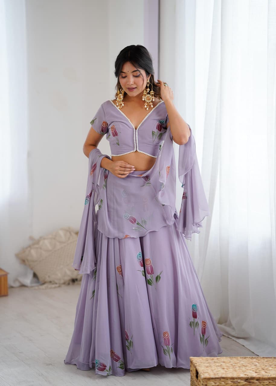 Purple Pure Georgette Hand Painted Lehenga