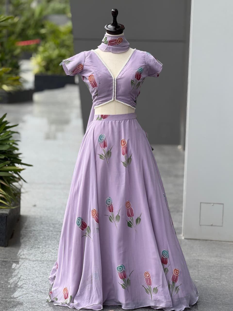 Purple Pure Georgette Hand Painted Lehenga