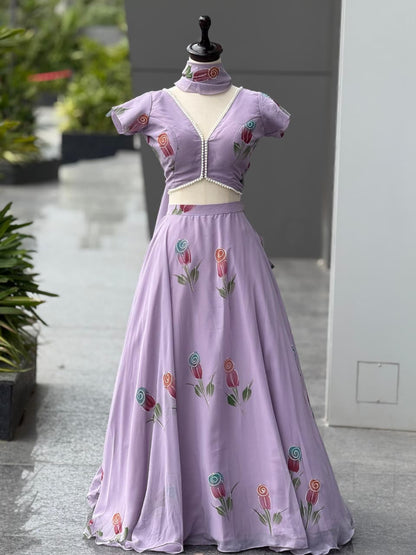 Purple Pure Georgette Hand Painted Lehenga