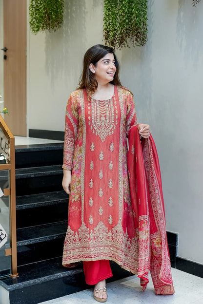 Red Heavy Embroidery & Handwork Kurti-Pant