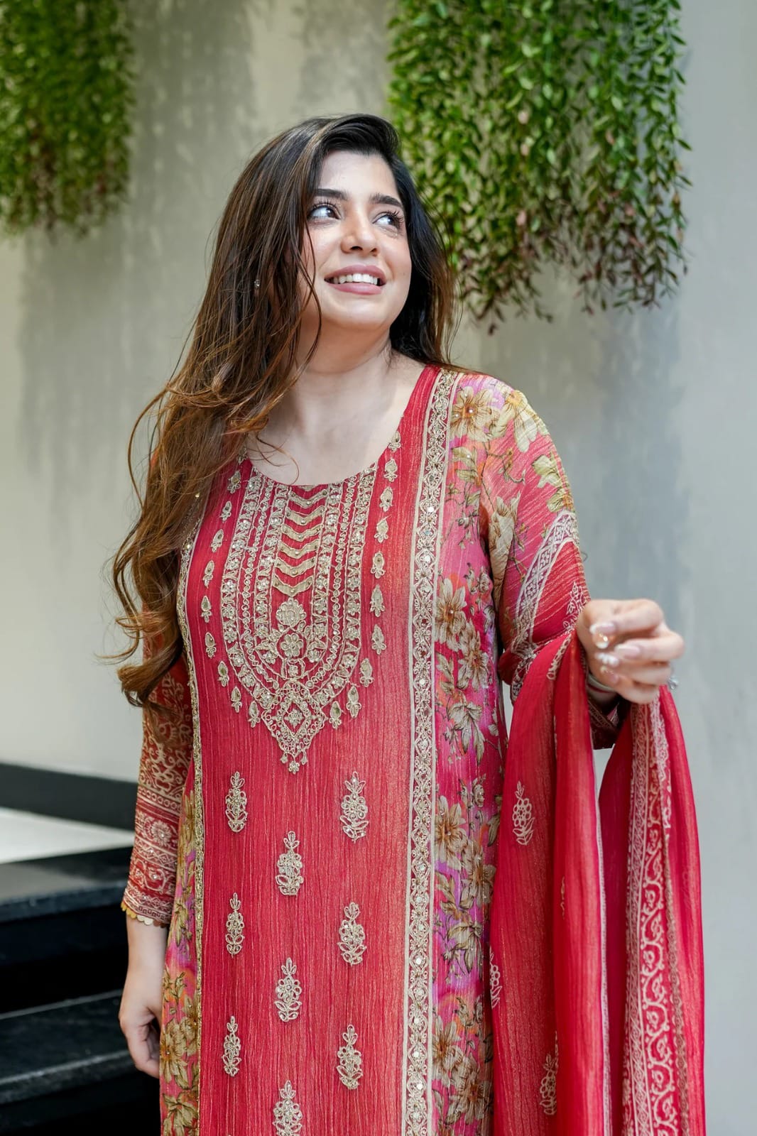 Red Heavy Embroidery & Handwork Kurti-Pant