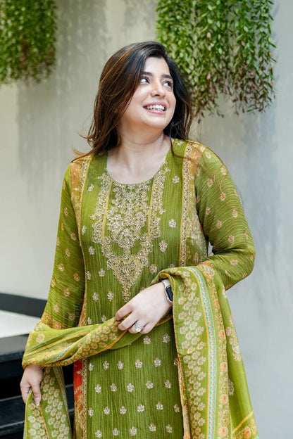 Olive Premium Chinon Kurti Pant & Dupatta