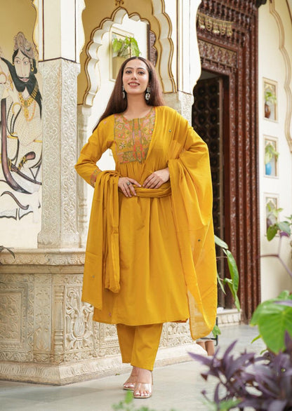 Yellow Pure Cottton Blend Anarkali Suit