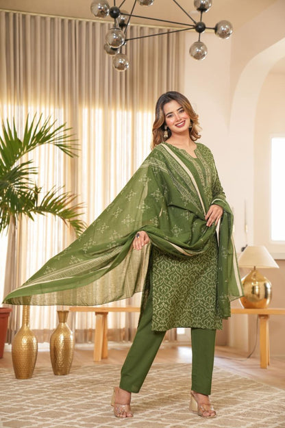 Royal Olive Designer Kurti with Pant & Dupatta