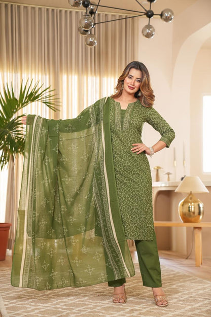 Royal Olive Designer Kurti with Pant & Dupatta