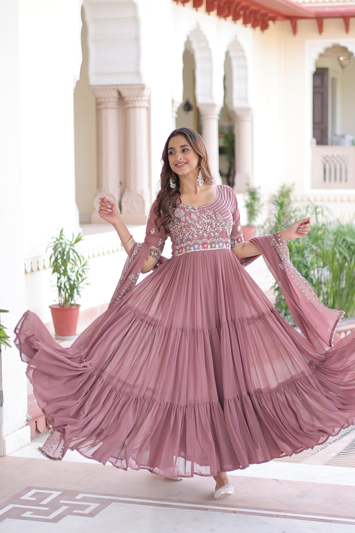 Pink Embroidered Faux Blooming Multithreaded Gown