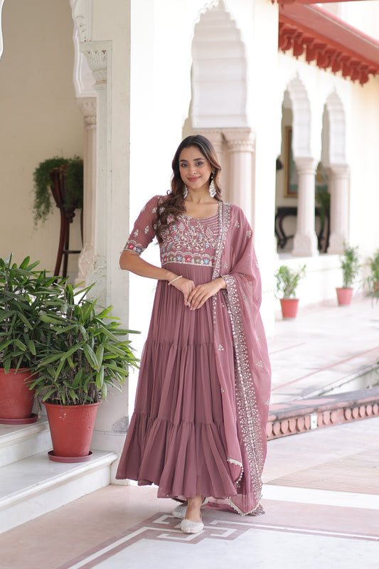 Pink Embroidered Faux Blooming Multithreaded Gown