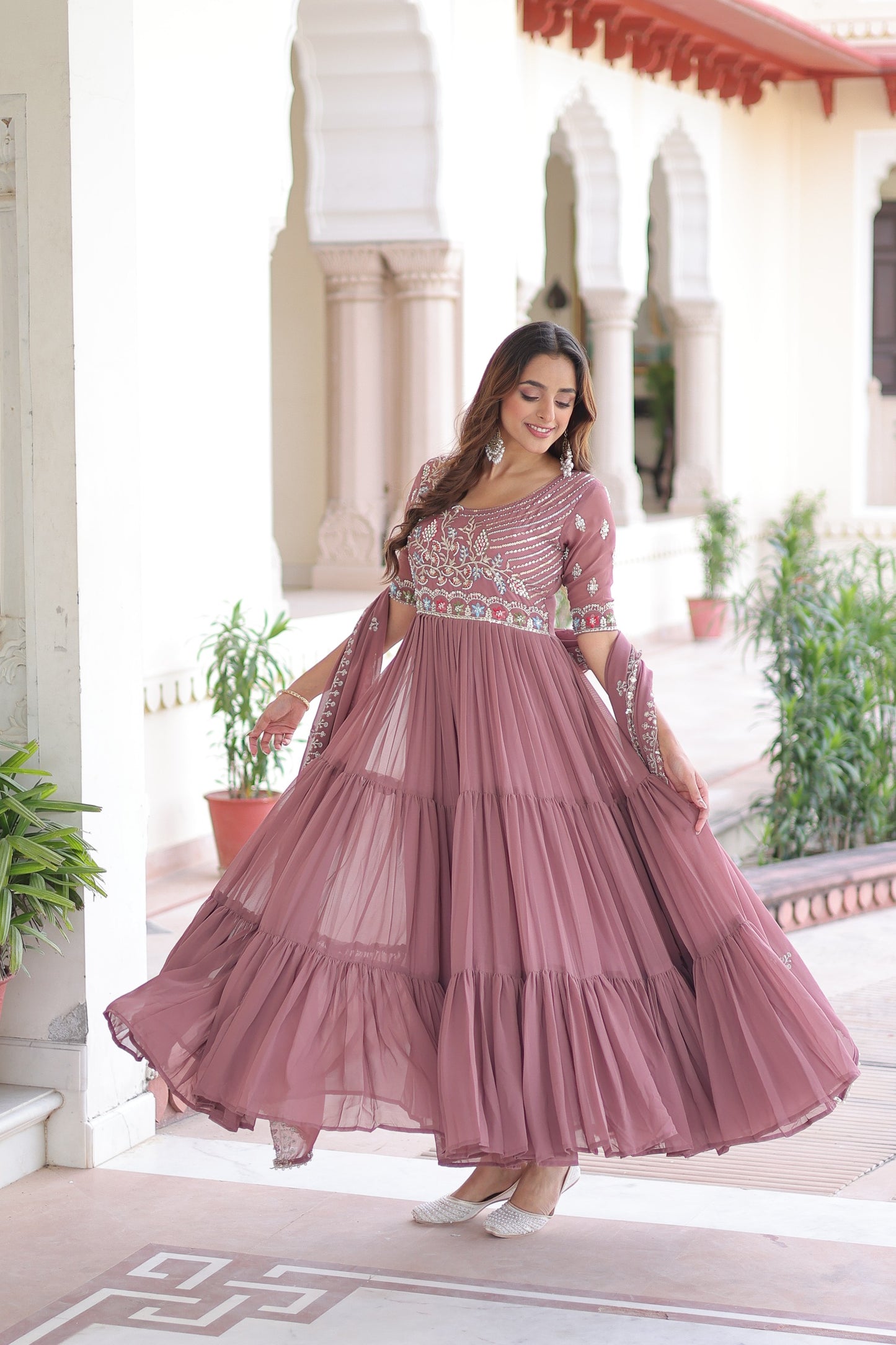 Pink Embroidered Faux Blooming Multithreaded Gown