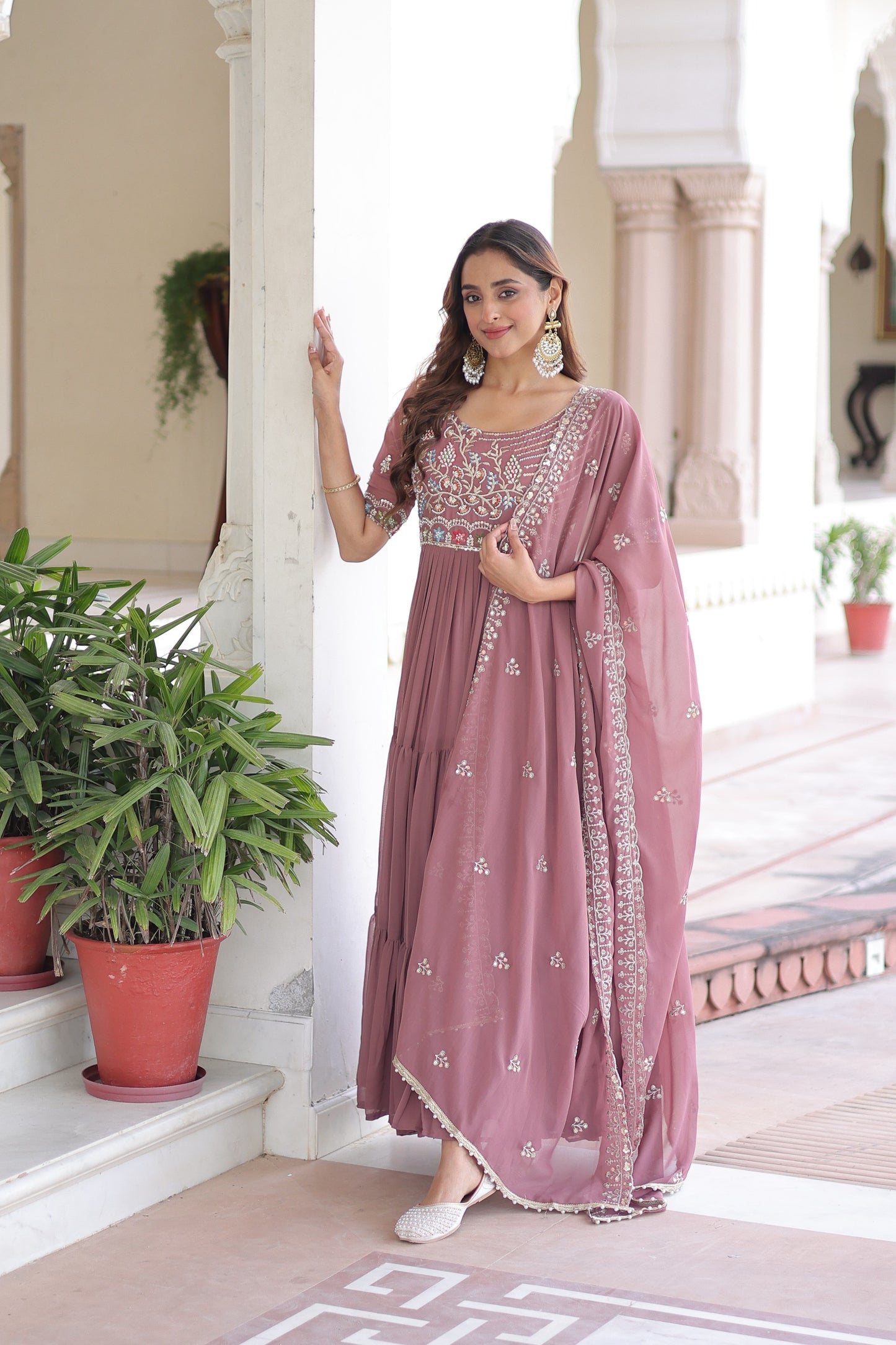 Pink Embroidered Faux Blooming Multithreaded Gown