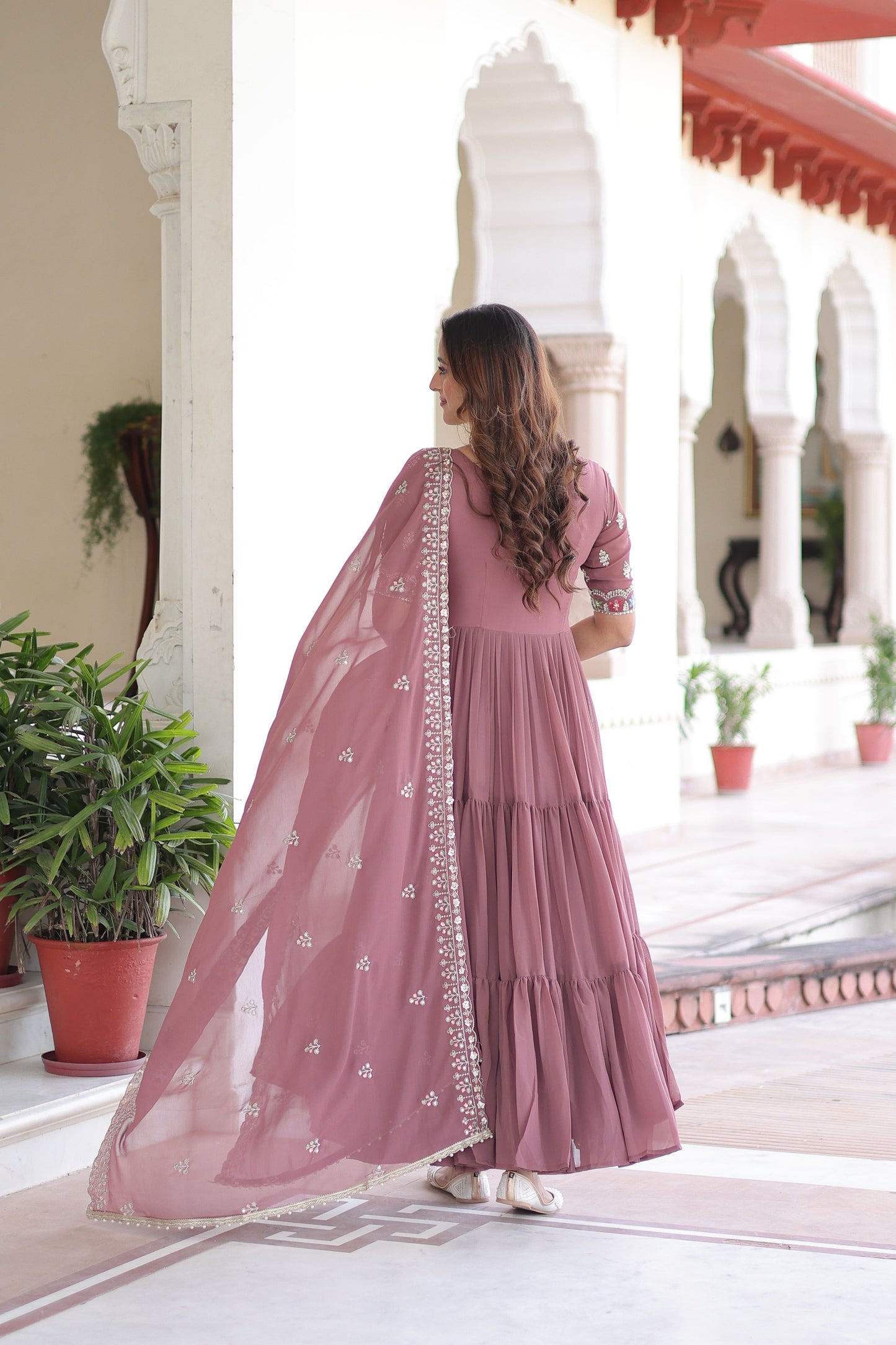 Pink Embroidered Faux Blooming Multithreaded Gown