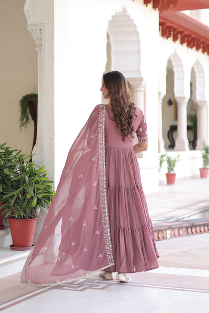 Pink Embroidered Faux Blooming Multithreaded Gown