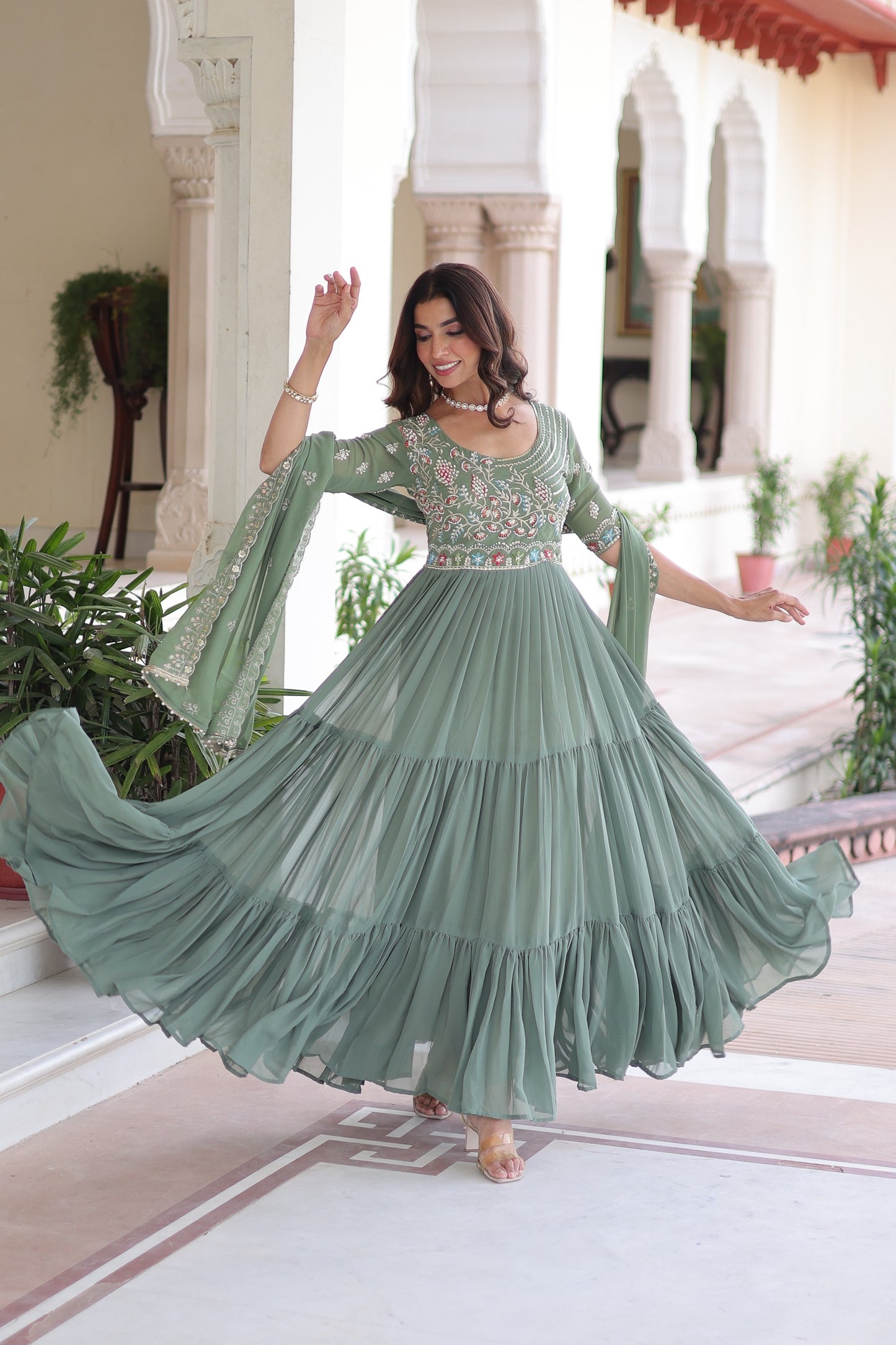 Olive Multithreaded Beads Embroidered Gown
