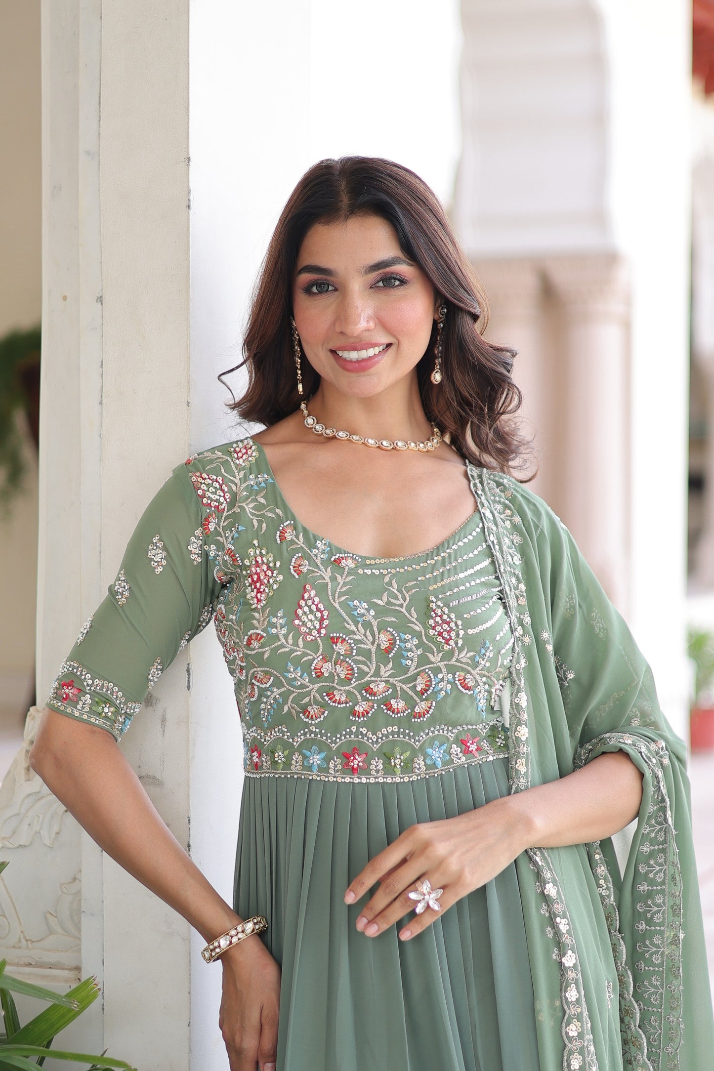 Olive Multithreaded Beads Embroidered Gown