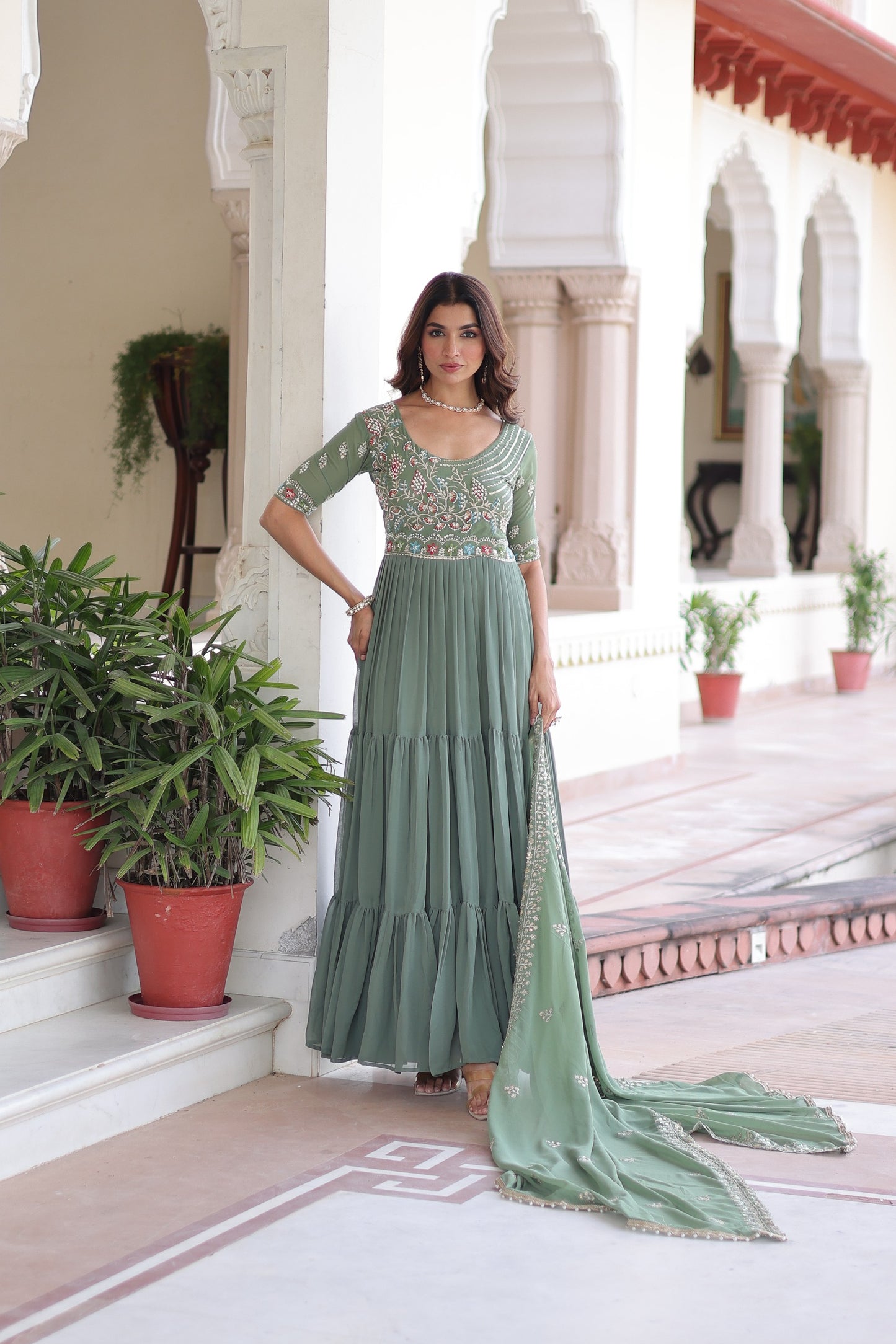 Olive Multithreaded Beads Embroidered Gown