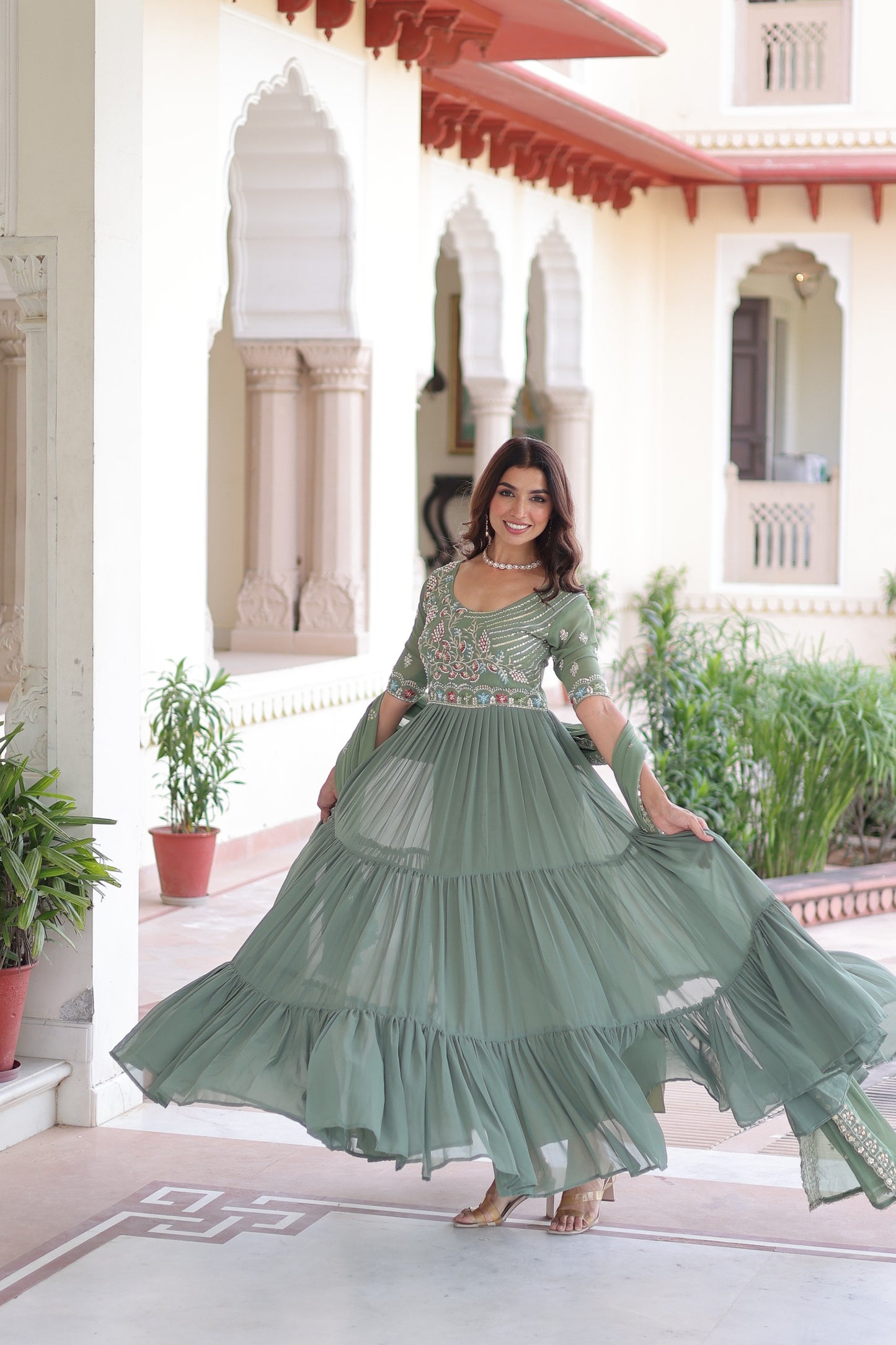 Olive Multithreaded Beads Embroidered Gown