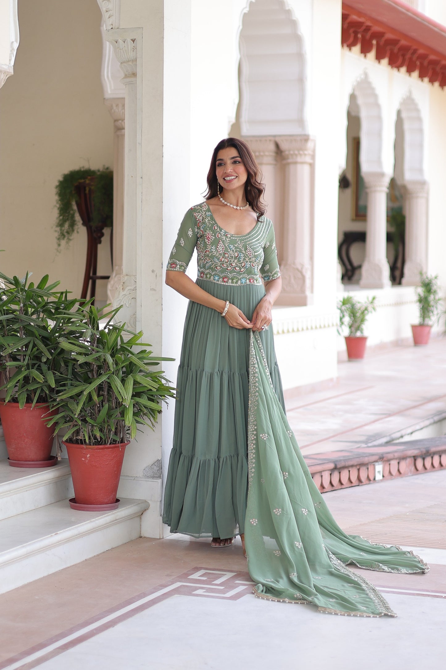 Olive Multithreaded Beads Embroidered Gown