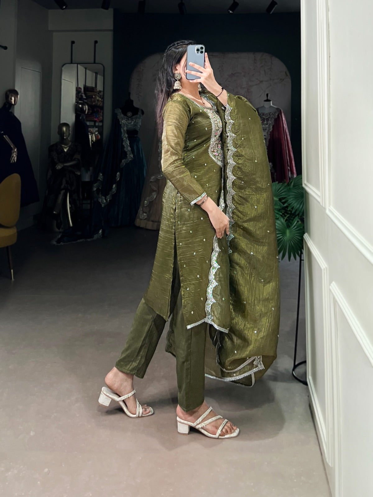 Olive Green Elegant Gold Crush Salwar Suit