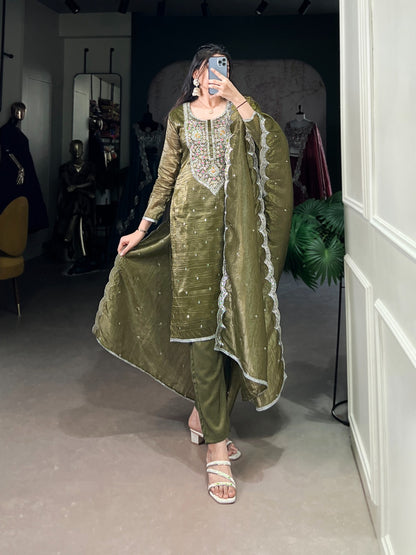 Olive Green Elegant Gold Crush Salwar Suit