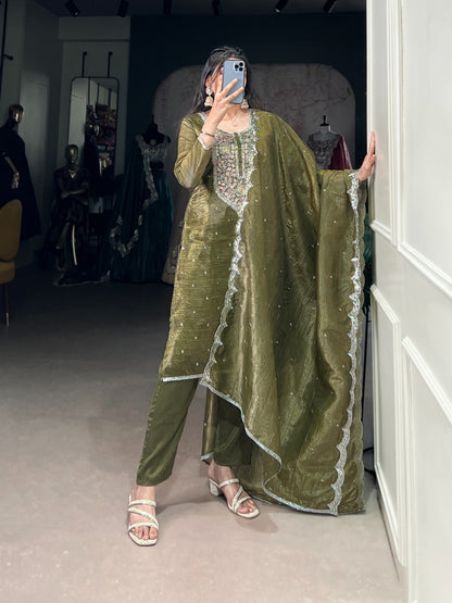 Olive Green Elegant Gold Crush Salwar Suit