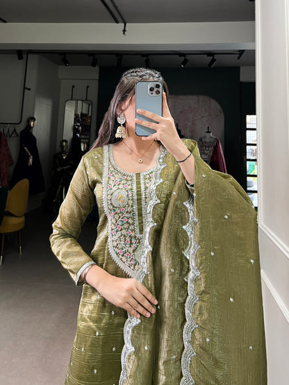 Olive Green Elegant Gold Crush Salwar Suit