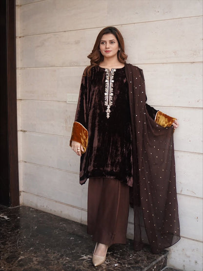 Dark Brown Exclusive 3 piece Velvet Top & Plazo