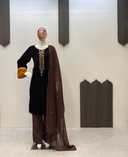 Dark Brown Exclusive 3 piece Velvet Top & Plazo