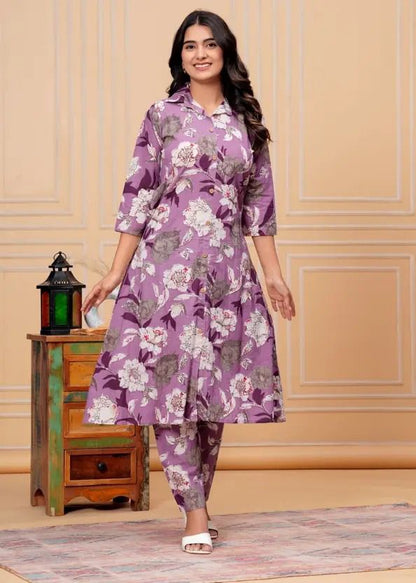 Purple Elegant Digital Printed Work Co-Ord Set