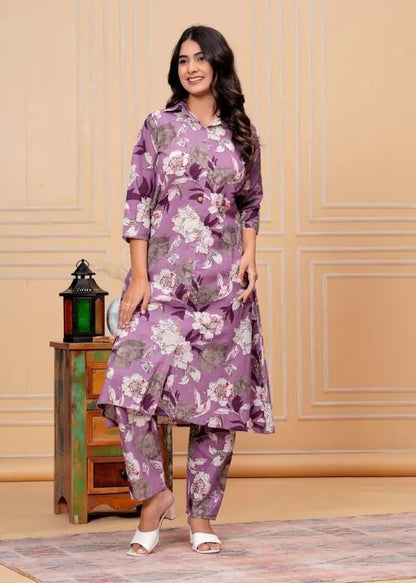 Purple Elegant Digital Printed Work Co-Ord Set