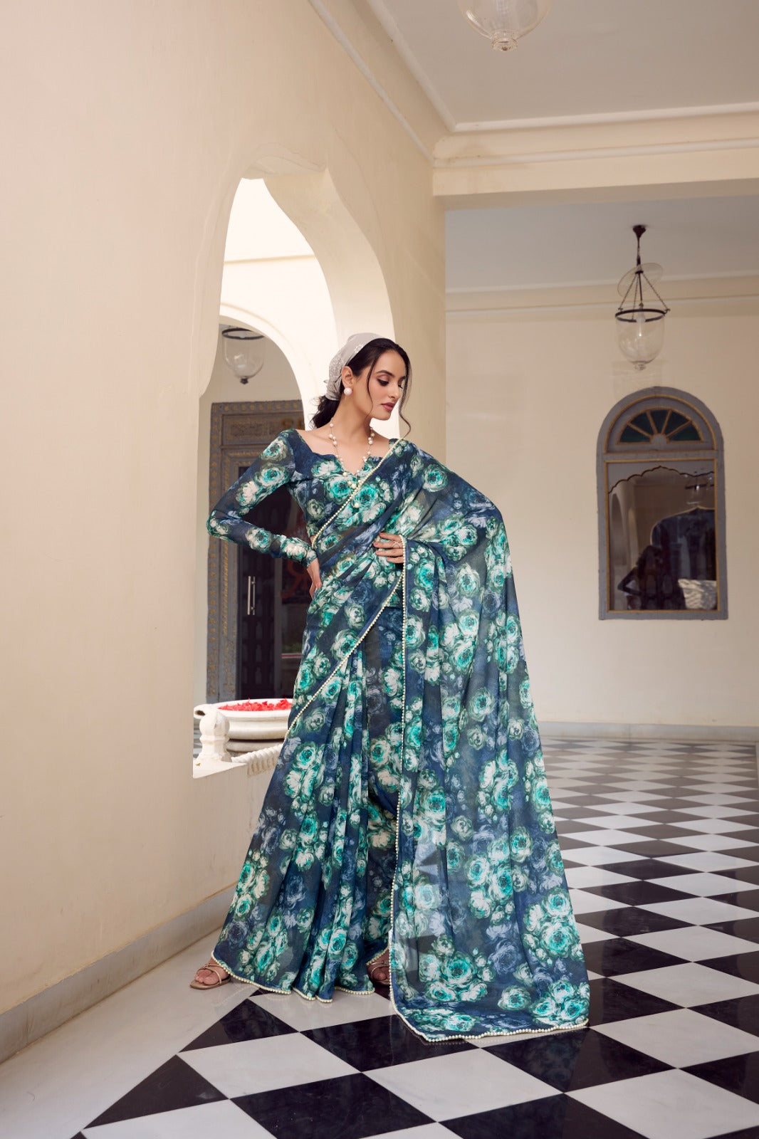 Teal Blue Heavy Printed Weightless Saree