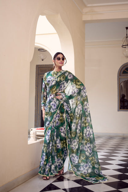 Green Premium Weightless Marble Prited Saree