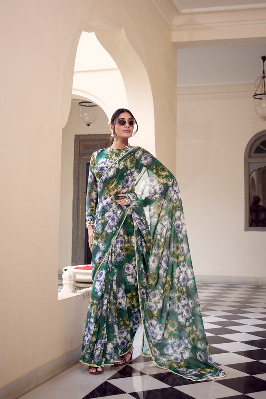 Green Premium Weightless Marble Prited Saree