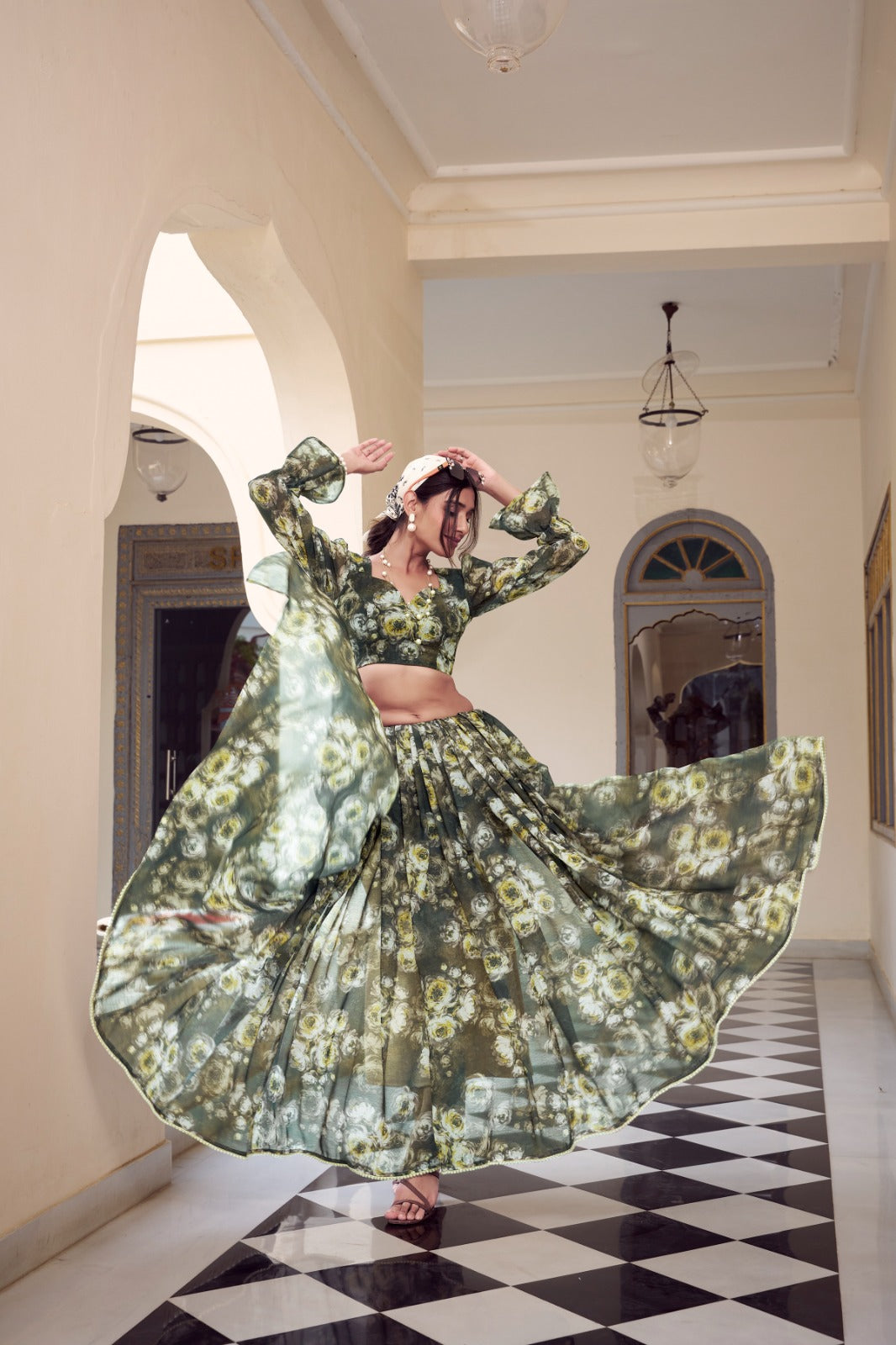 Olive Green Floral Printed Pearl Lace Saree