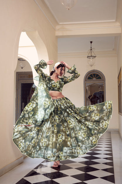 Olive Green Floral Printed Pearl Lace Saree