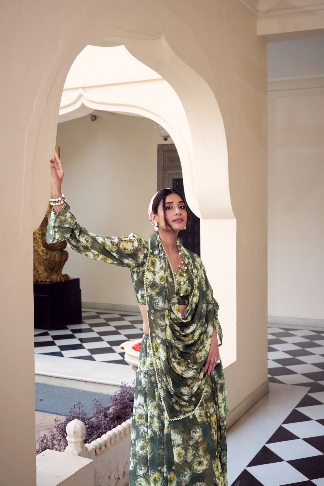 Olive Green Floral Printed Pearl Lace Saree