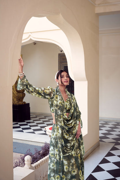 Olive Green Floral Printed Pearl Lace Saree