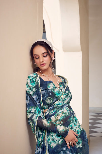 Teal Blue Heavy Printed Weightless Saree