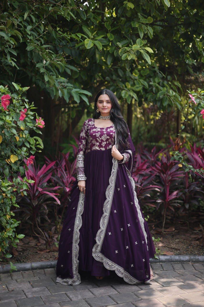Purple Hevay Viscose Jaquard work Gown