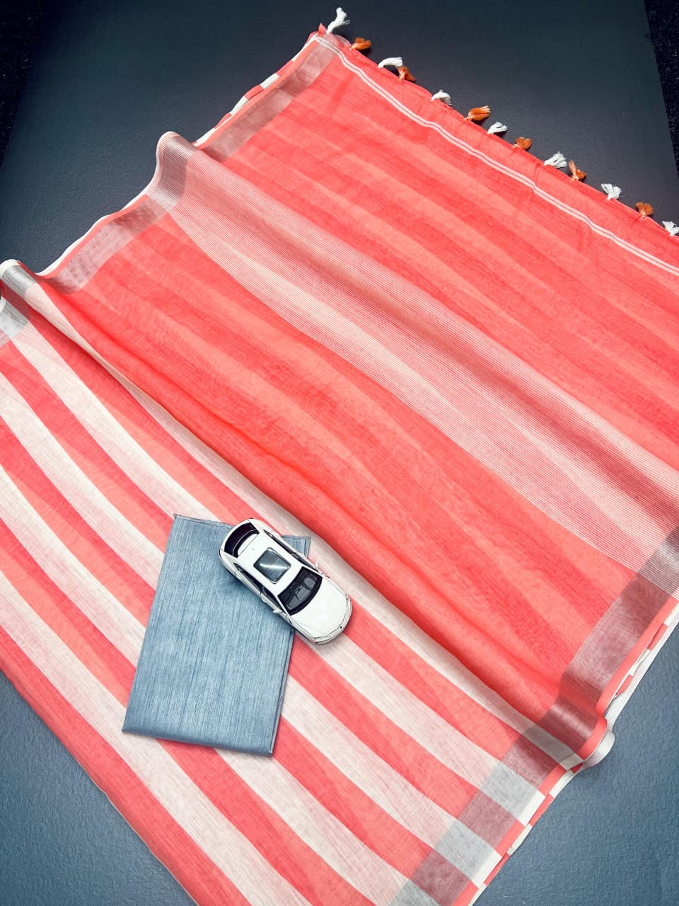 White Soft Coral & Striped Lightweight Saree