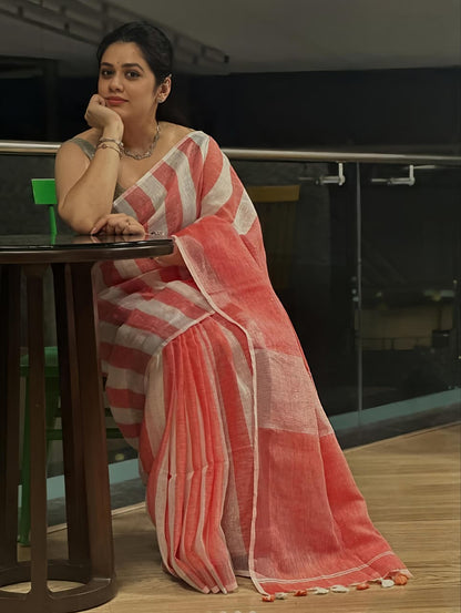 White Soft Coral & Striped Lightweight Saree