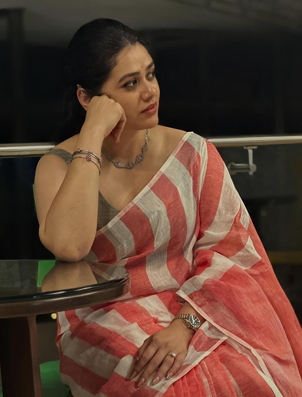 White Soft Coral & Striped Lightweight Saree