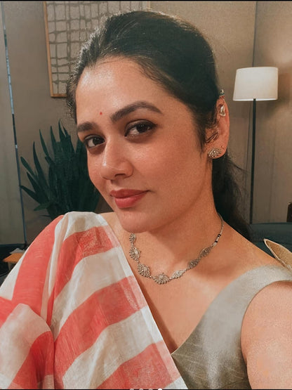 White Soft Coral & Striped Lightweight Saree