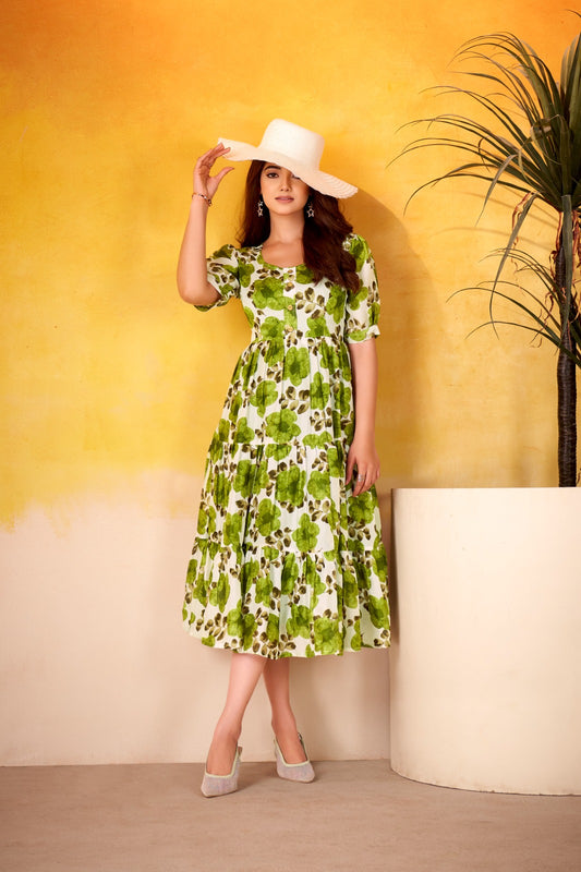 Fresh Green Leafy Bloom Cotton Tier Dress