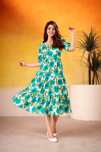 Aqua Blue Floral Breeze cotton tier dress with floral print and micro crepe lining