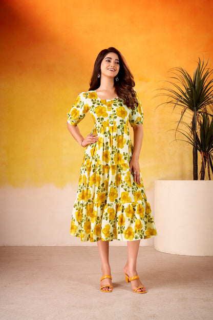 Sunflower Yellow Bloom Tier Cotton Dress