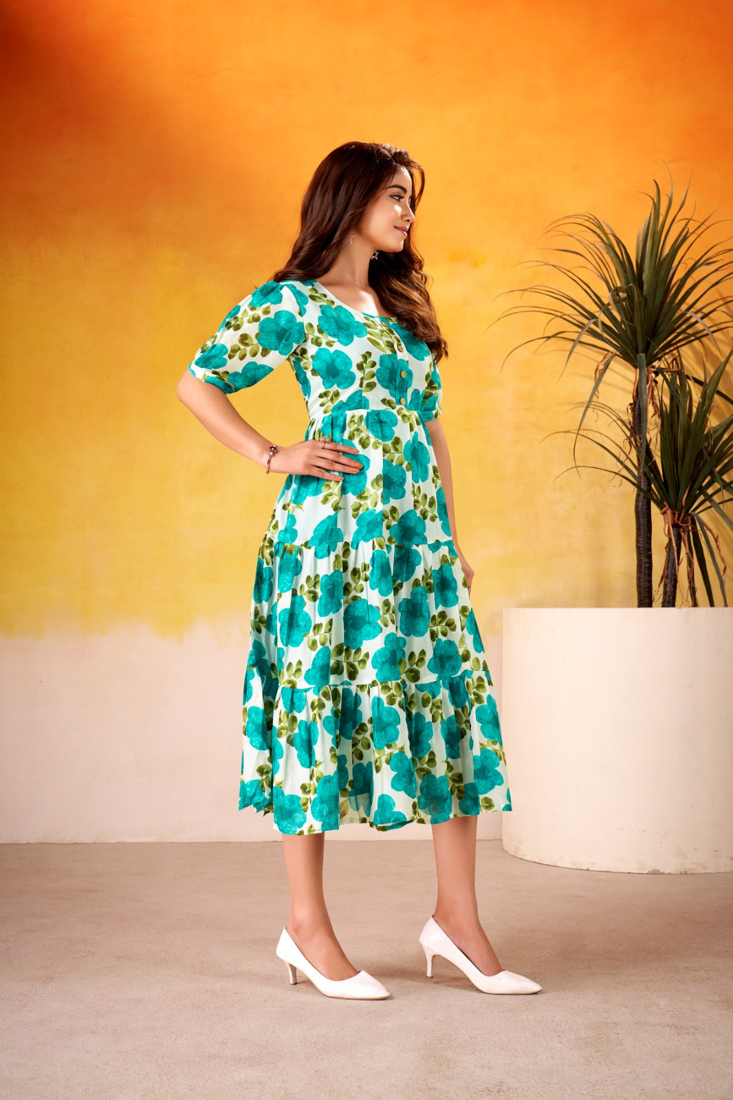 Aqua Blue Floral Breeze cotton tier dress with floral print and Vichritra silk fabric
