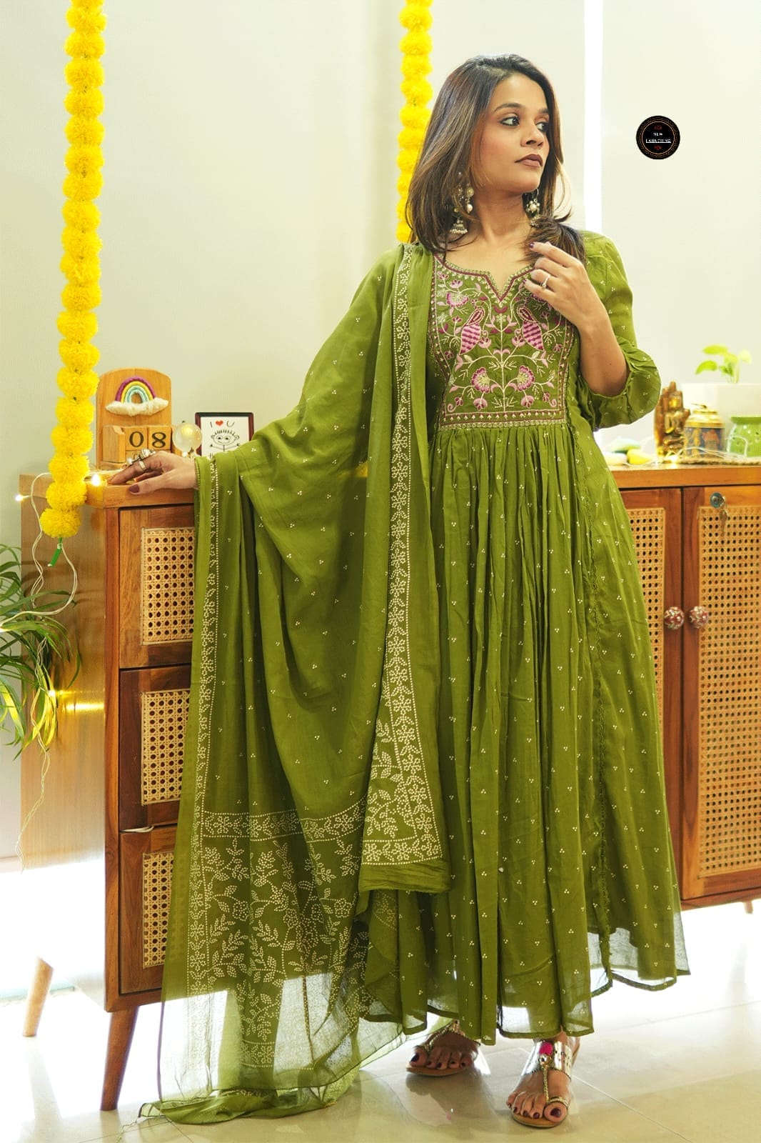 Olive Green Embroidered Cotton Anarkali Kurta