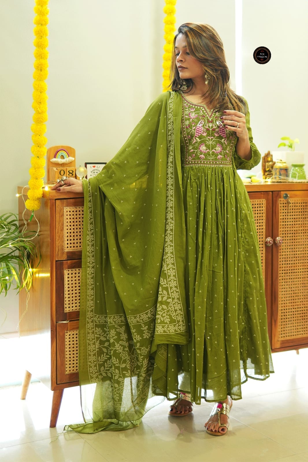 Olive Green Embroidered Cotton Anarkali Kurta