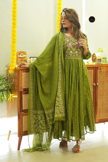 Olive Green Embroidered Cotton Anarkali Kurta