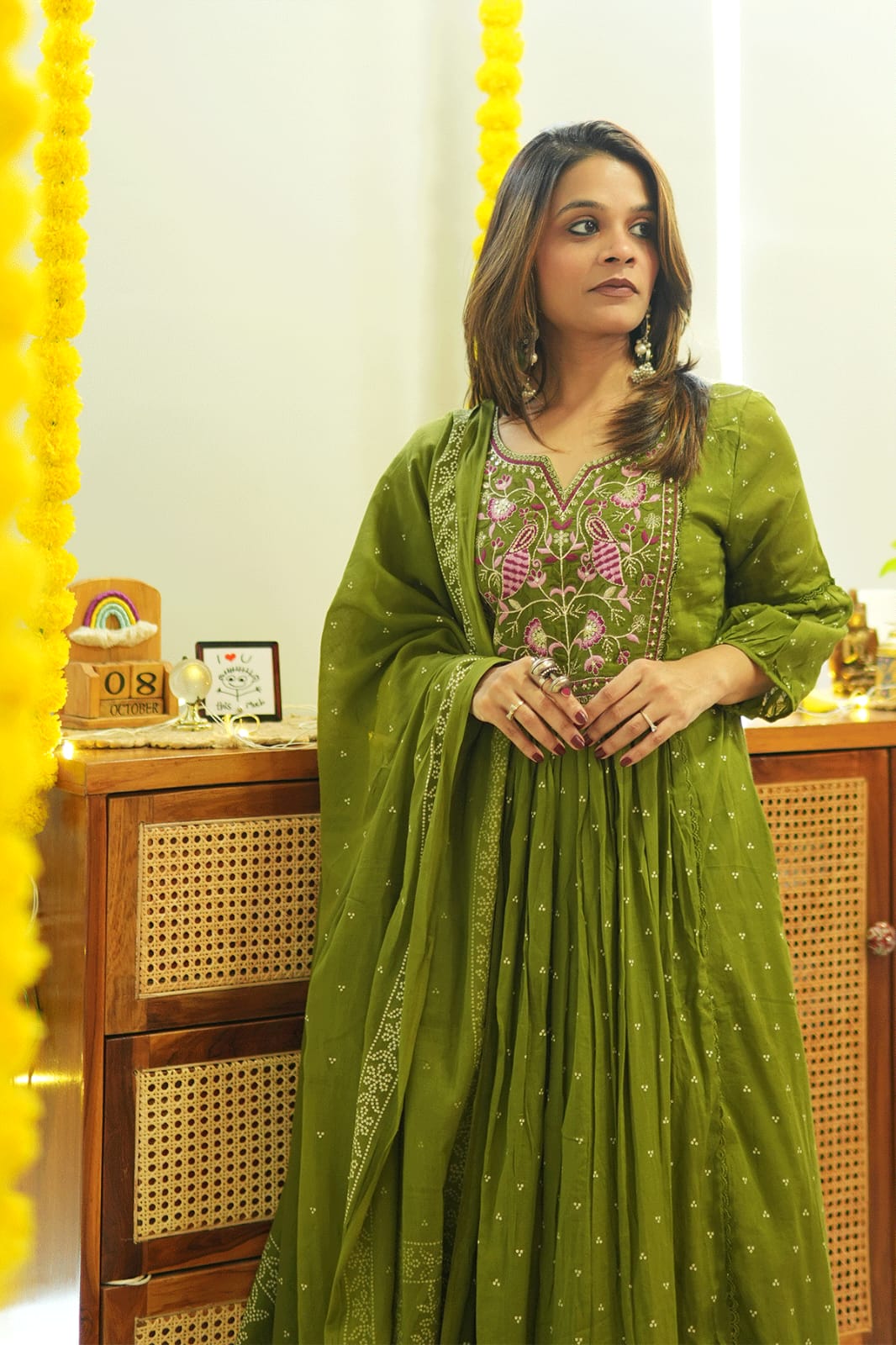 Olive Green Embroidered Cotton Anarkali Kurta