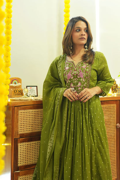 Olive Green Embroidered Cotton Anarkali Kurta